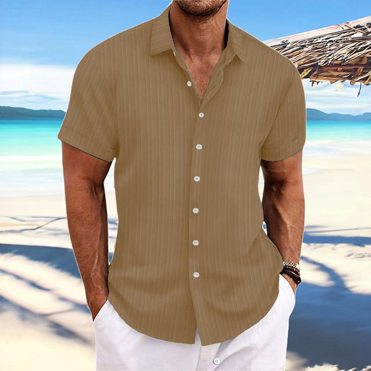 Men's cotton and linen striped jacquard casual loose short sleeved shirt
