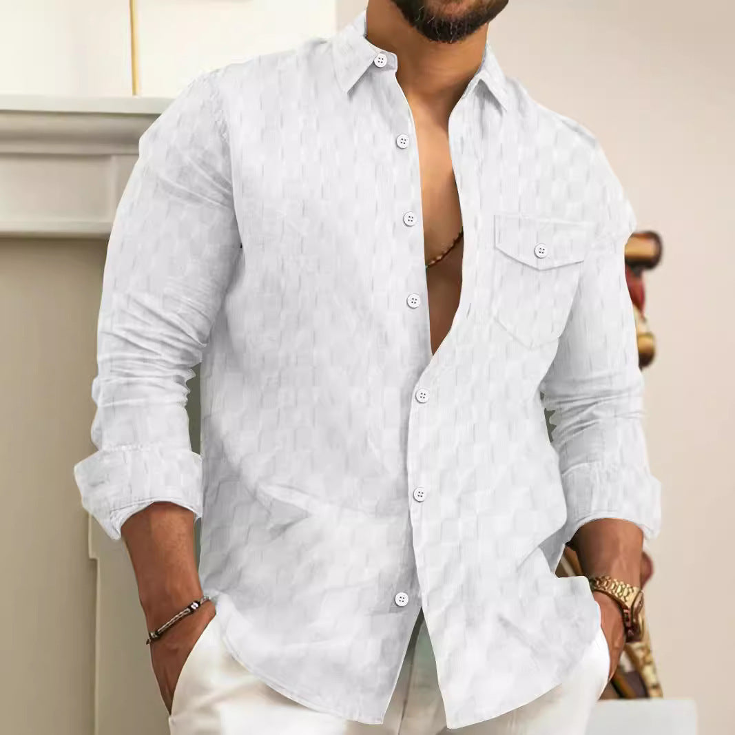 Checkered jacquard chest pocket lapel long sleeved lapel shirt