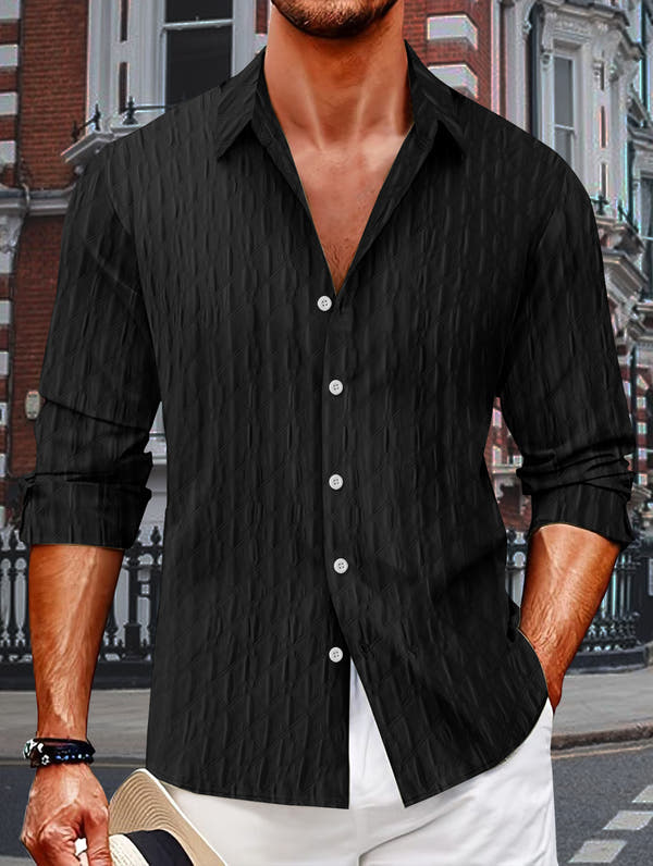 Checkered single breasted men's jacquard lapel long sleeved shirt