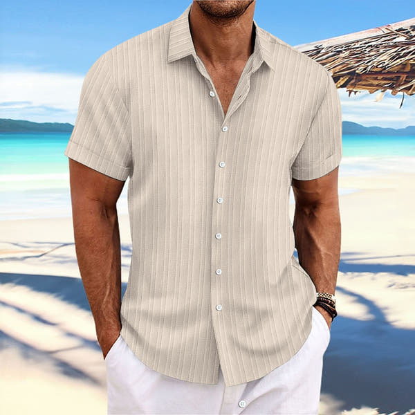 Men's cotton and linen striped jacquard casual loose short sleeved shirt