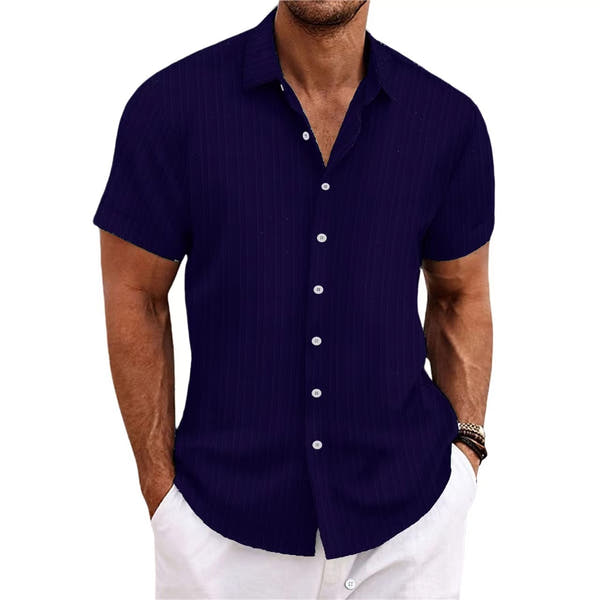 Men's cotton and linen striped jacquard casual loose short sleeved shirt