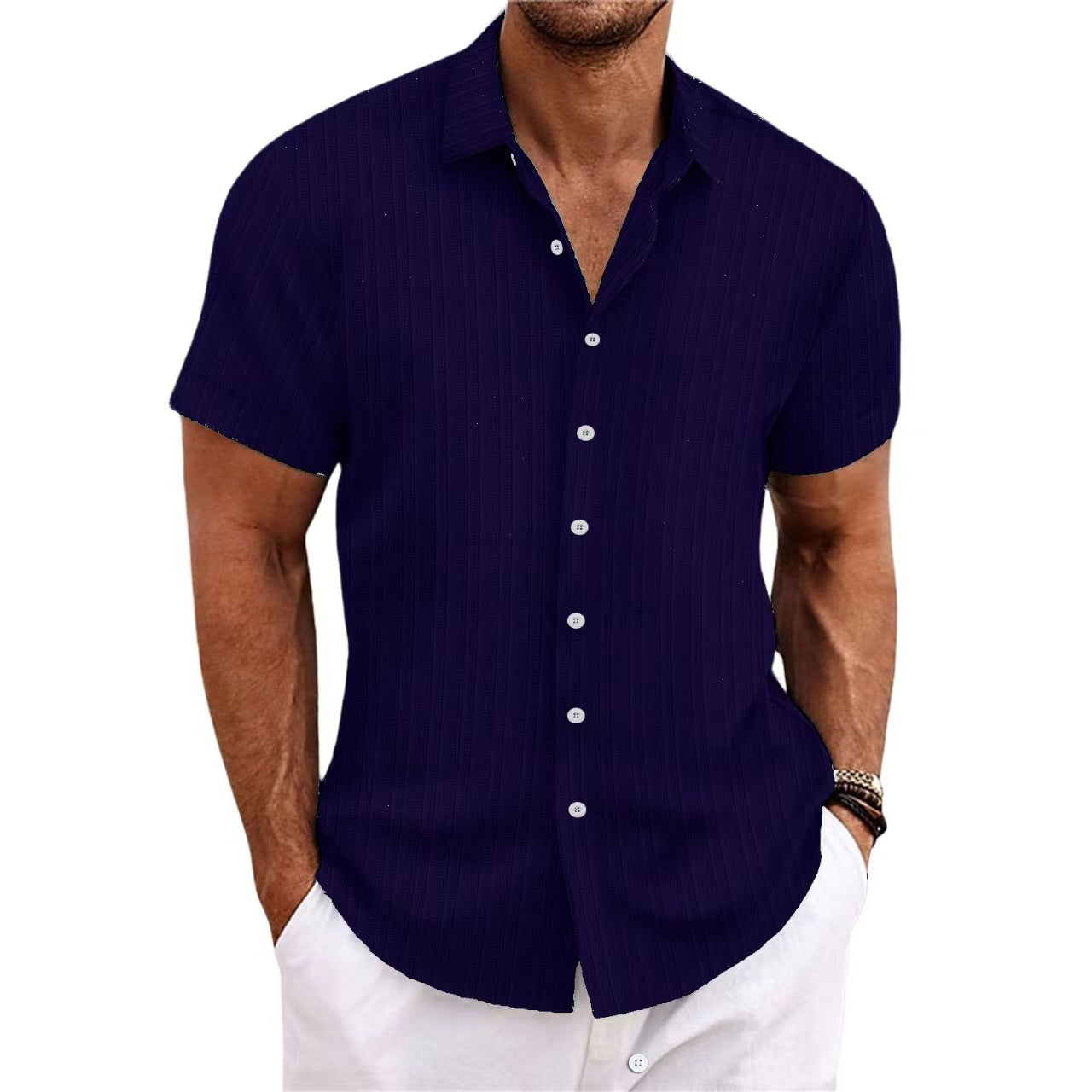 Men's cotton and linen striped jacquard casual loose short sleeved shirt