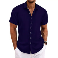 Men's cotton and linen striped jacquard casual loose short sleeved shirt