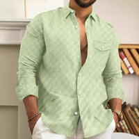 Checkered jacquard chest pocket lapel long sleeved lapel shirt