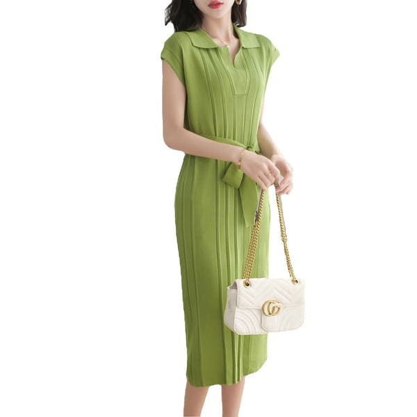 Collar loose plus size knit dress, mid length lace up dress