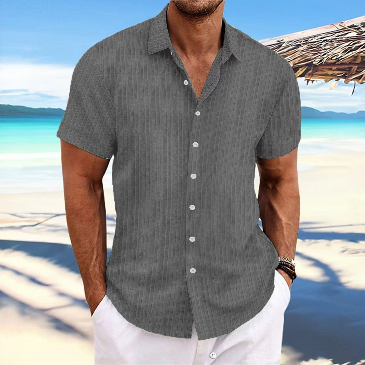 Men's cotton and linen striped jacquard casual loose short sleeved shirt