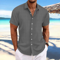 Men's cotton and linen striped jacquard casual loose short sleeved shirt