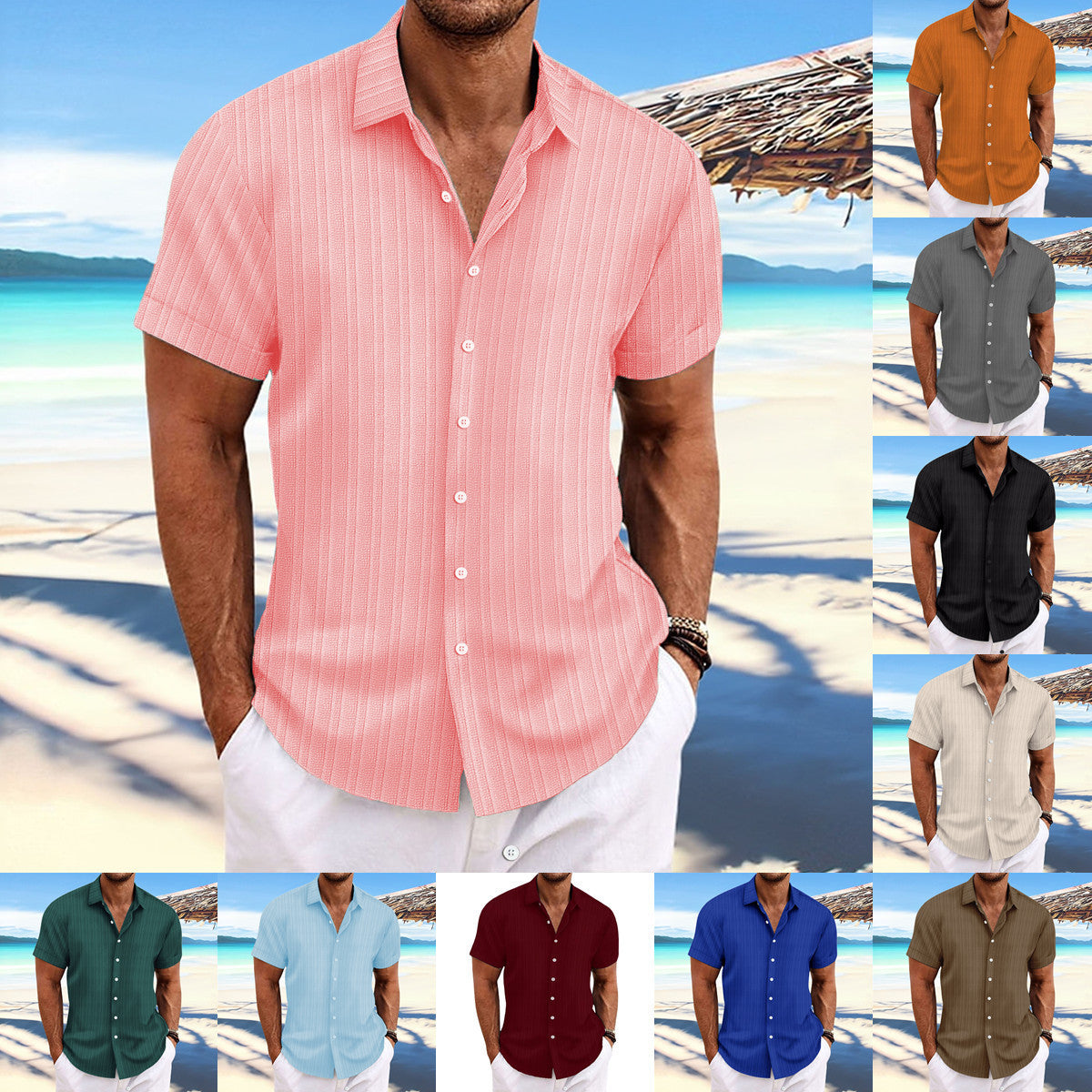 Men's cotton and linen striped jacquard casual loose short sleeved shirt