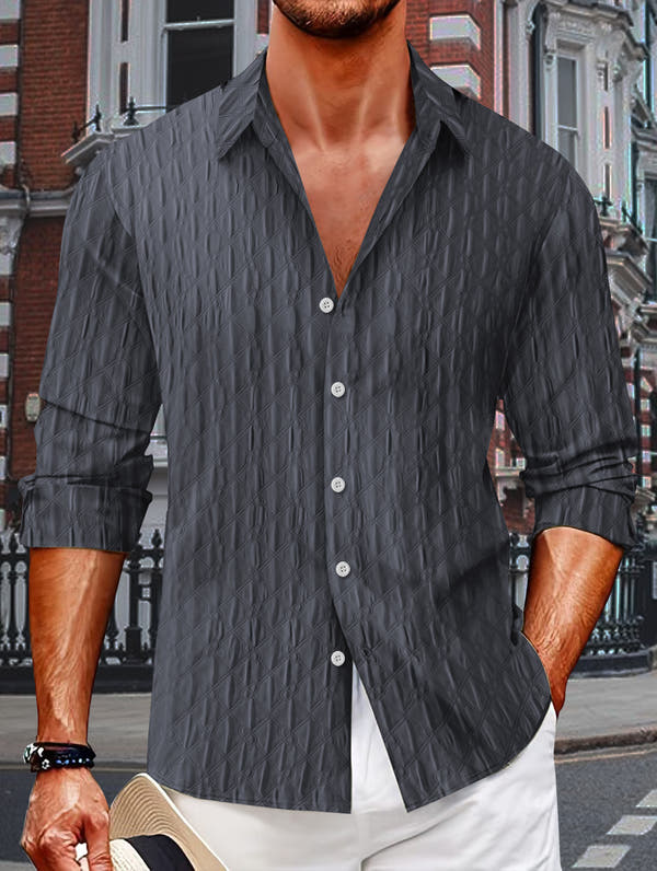 Checkered single breasted men's jacquard lapel long sleeved shirt