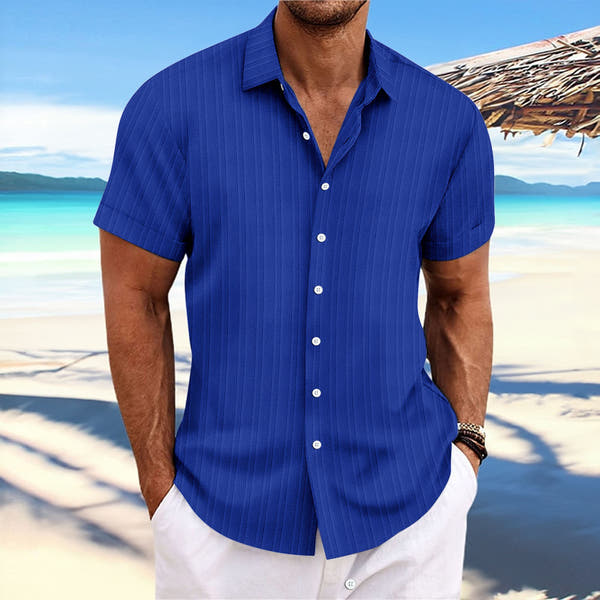 Men's cotton and linen striped jacquard casual loose short sleeved shirt