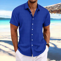 Men's cotton and linen striped jacquard casual loose short sleeved shirt