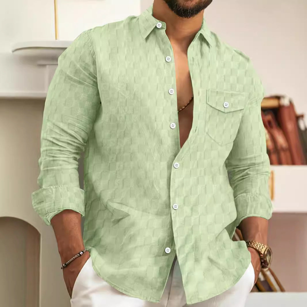 Checkered jacquard chest pocket lapel long sleeved lapel shirt