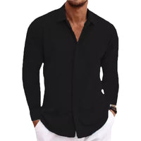 Splicing double door no hidden button lapel long sleeved shirt