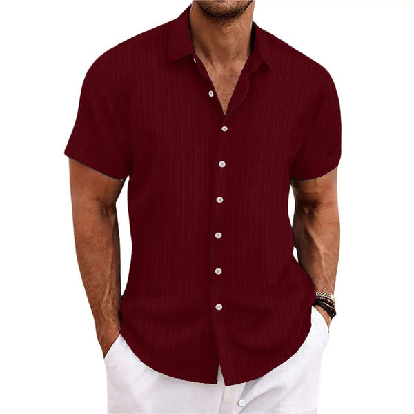 Men's cotton and linen striped jacquard casual loose short sleeved shirt