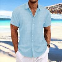 Men's cotton and linen striped jacquard casual loose short sleeved shirt