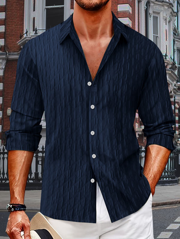 Checkered single breasted men's jacquard lapel long sleeved shirt