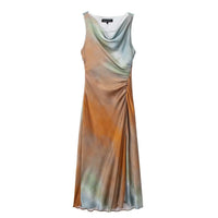 Fashionable Drop Neck Sleeveless Tie Dyed Waist Long Dress for Women