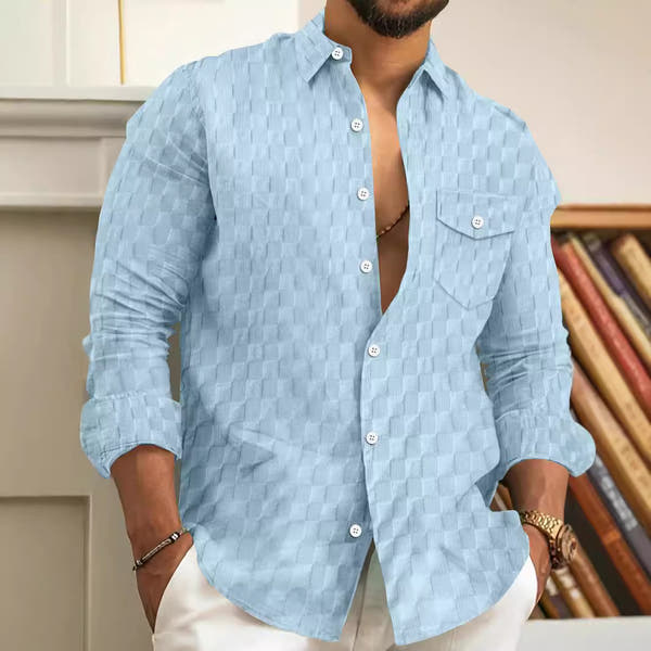 Checkered jacquard chest pocket lapel long sleeved lapel shirt