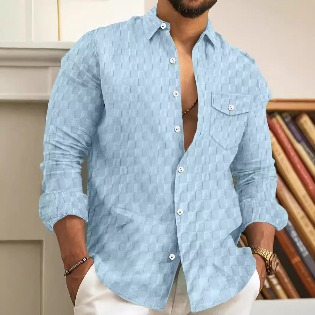 Checkered jacquard chest pocket lapel long sleeved lapel shirt