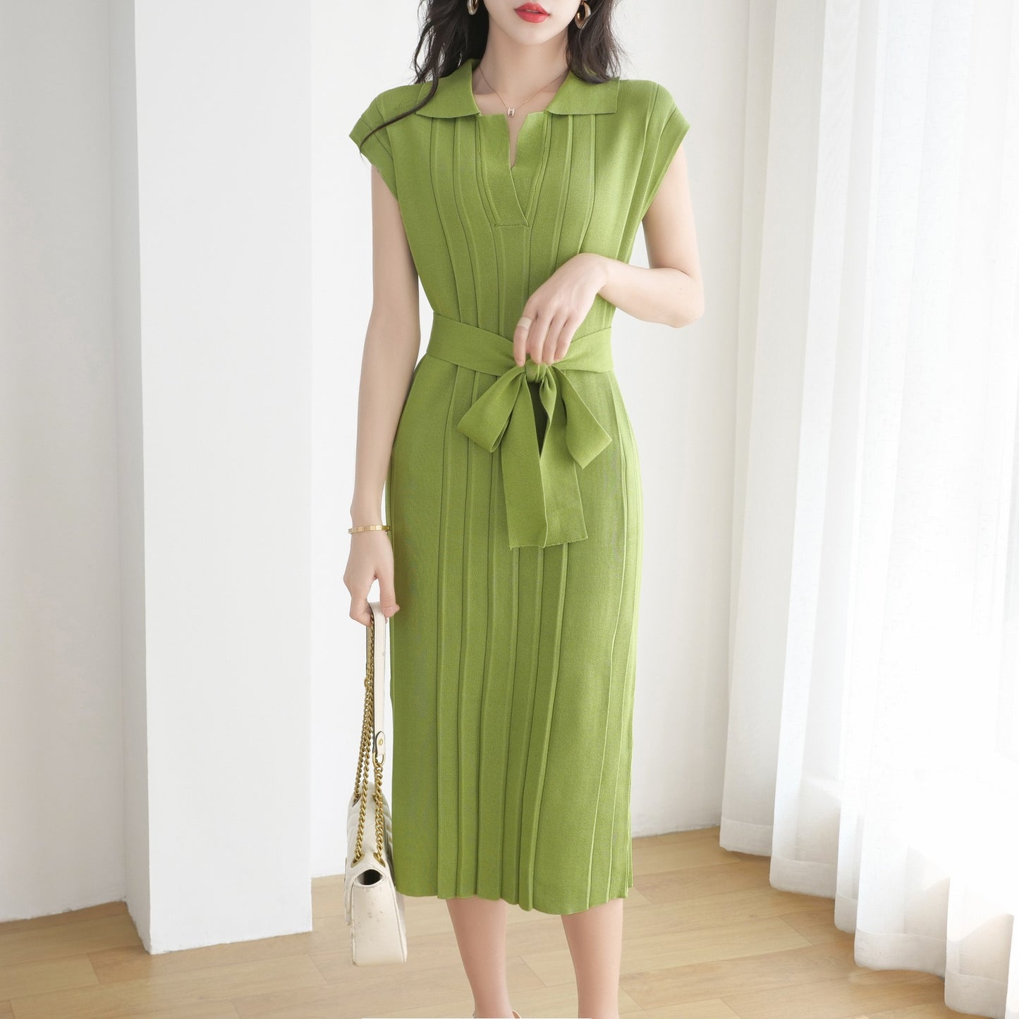 Collar loose plus size knit dress, mid length lace up dress