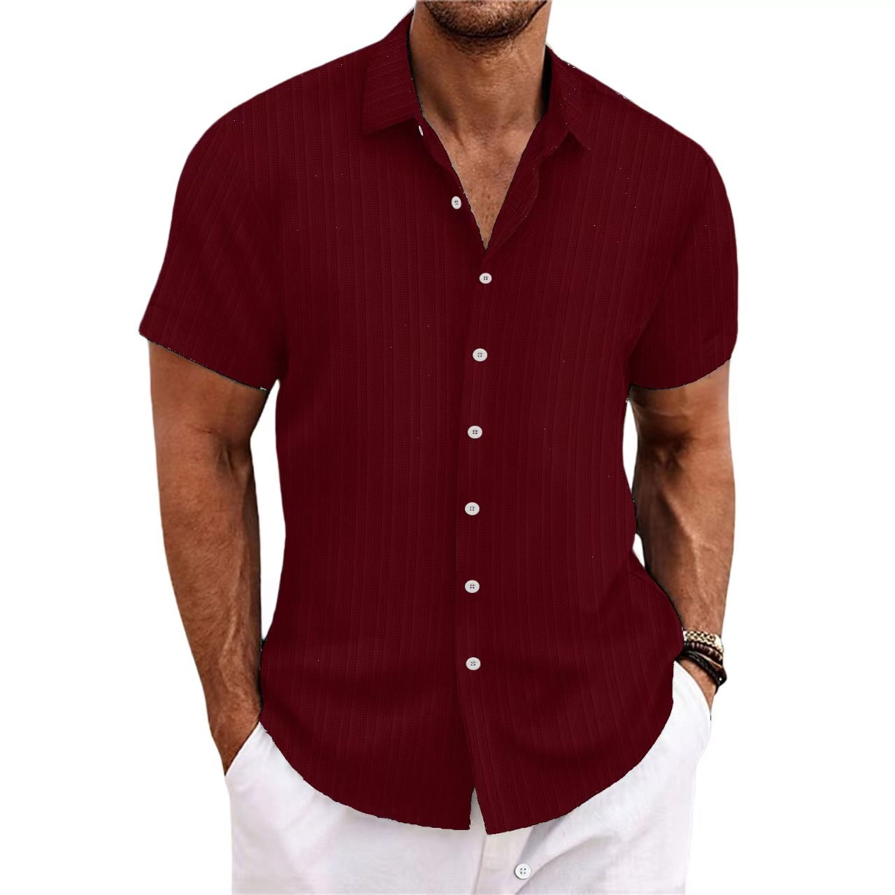 Men's cotton and linen striped jacquard casual loose short sleeved shirt