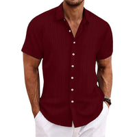 Men's cotton and linen striped jacquard casual loose short sleeved shirt