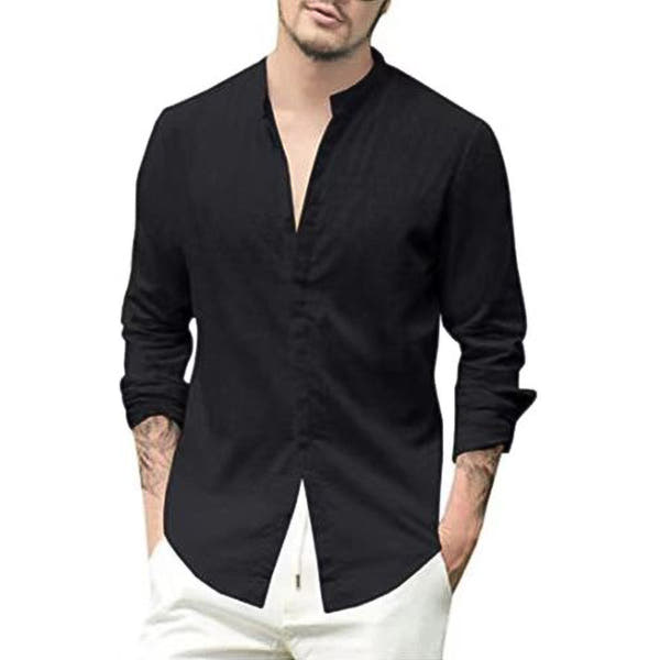 Men's Retro Standing Collar Cardigan New Casual Long Sleeved Cotton Linen Solid Color Shirt Men's Shirt Men's Shirt