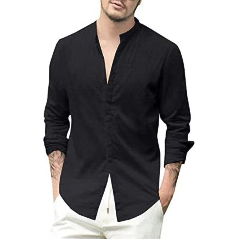 Men's Retro Standing Collar Cardigan New Casual Long Sleeved Cotton Linen Solid Color Shirt Men's Shirt Men's Shirt
