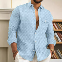 Checkered jacquard chest pocket lapel long sleeved lapel shirt