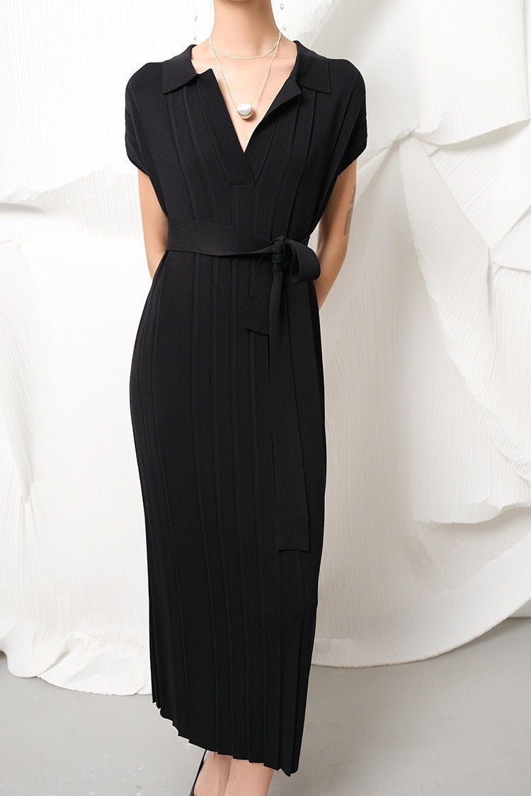 Collar loose plus size knit dress, mid length lace up dress