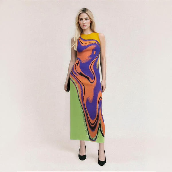 Multi color abstract jacquard knitted dress with design sense, slim fit, hip hugging, round neck, sleeveless vest skirt