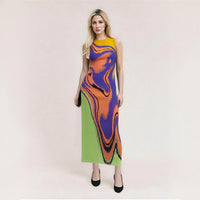 Multi color abstract jacquard knitted dress with design sense, slim fit, hip hugging, round neck, sleeveless vest skirt