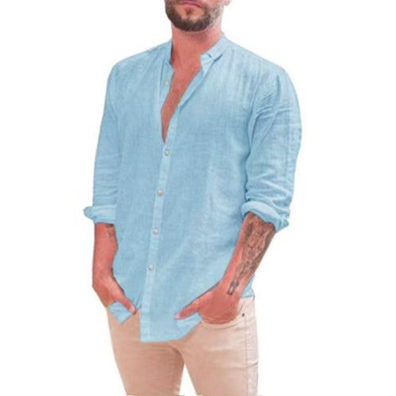 Men's Retro Standing Collar Cardigan New Casual Long Sleeved Cotton Linen Solid Color Shirt Men's Shirt Men's Shirt