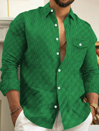 Checkered jacquard chest pocket lapel long sleeved lapel shirt