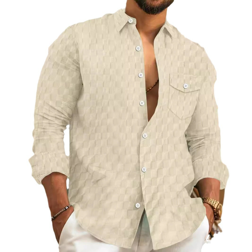 Checkered jacquard chest pocket lapel long sleeved lapel shirt