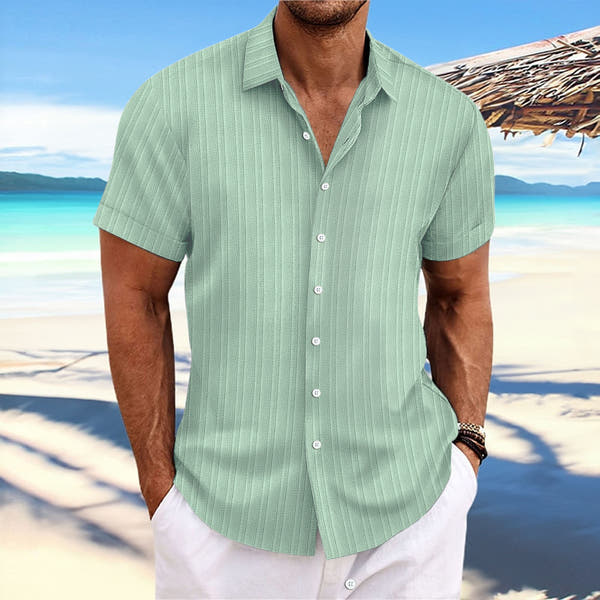 Men's cotton and linen striped jacquard casual loose short sleeved shirt