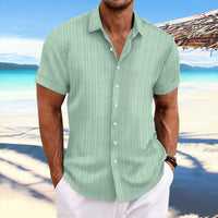 Men's cotton and linen striped jacquard casual loose short sleeved shirt