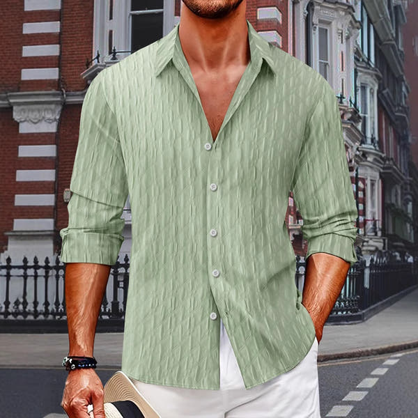 Checkered single breasted men's jacquard lapel long sleeved shirt