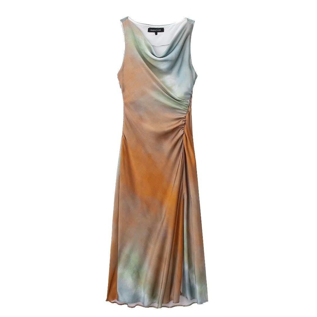 Fashionable Drop Neck Sleeveless Tie Dyed Waist Long Dress for Women