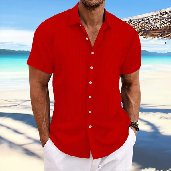 Men's cotton and linen striped jacquard casual loose short sleeved shirt