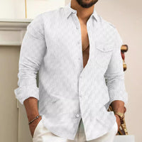 Checkered jacquard chest pocket lapel long sleeved lapel shirt