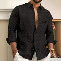 Checkered jacquard chest pocket lapel long sleeved lapel shirt