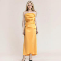 Straight neck off shoulder sexy bag hip opening design nylon dress