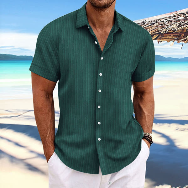 Men's cotton and linen striped jacquard casual loose short sleeved shirt