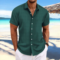 Men's cotton and linen striped jacquard casual loose short sleeved shirt