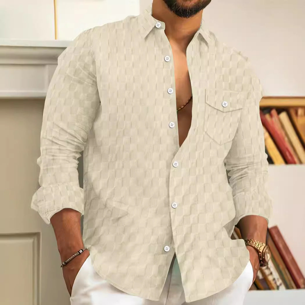 Checkered jacquard chest pocket lapel long sleeved lapel shirt