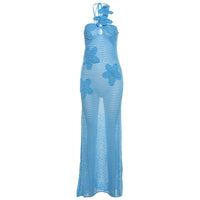 Elegant temperament, knitted hollow out sleeveless hanging neck tie, high waist slim fit dress