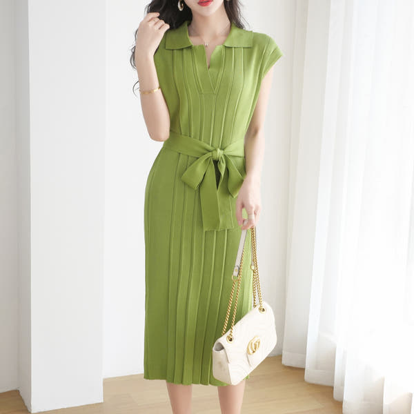 Collar loose plus size knit dress, mid length lace up dress