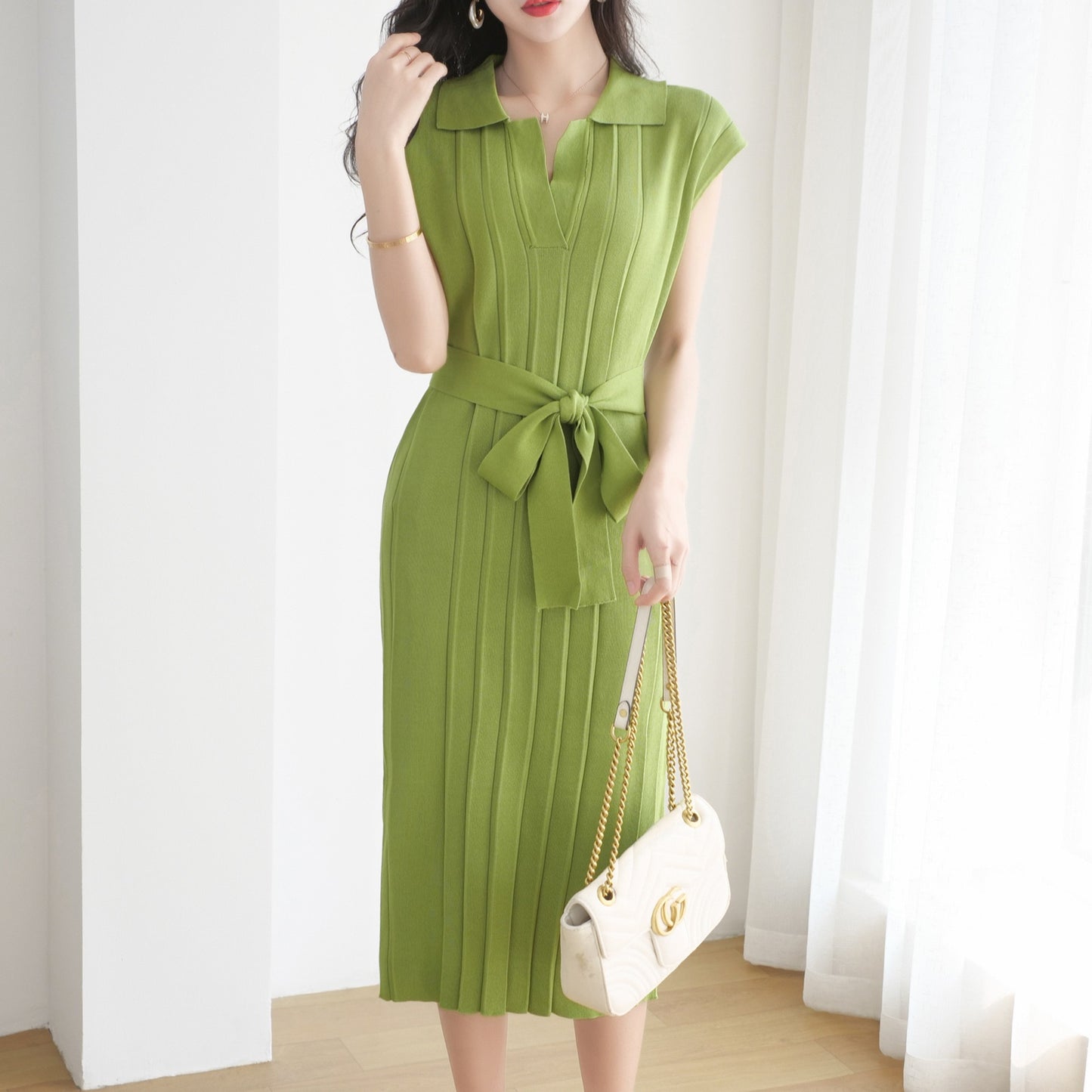 Collar loose plus size knit dress, mid length lace up dress