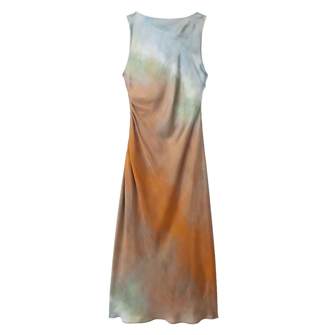 Fashionable Drop Neck Sleeveless Tie Dyed Waist Long Dress for Women